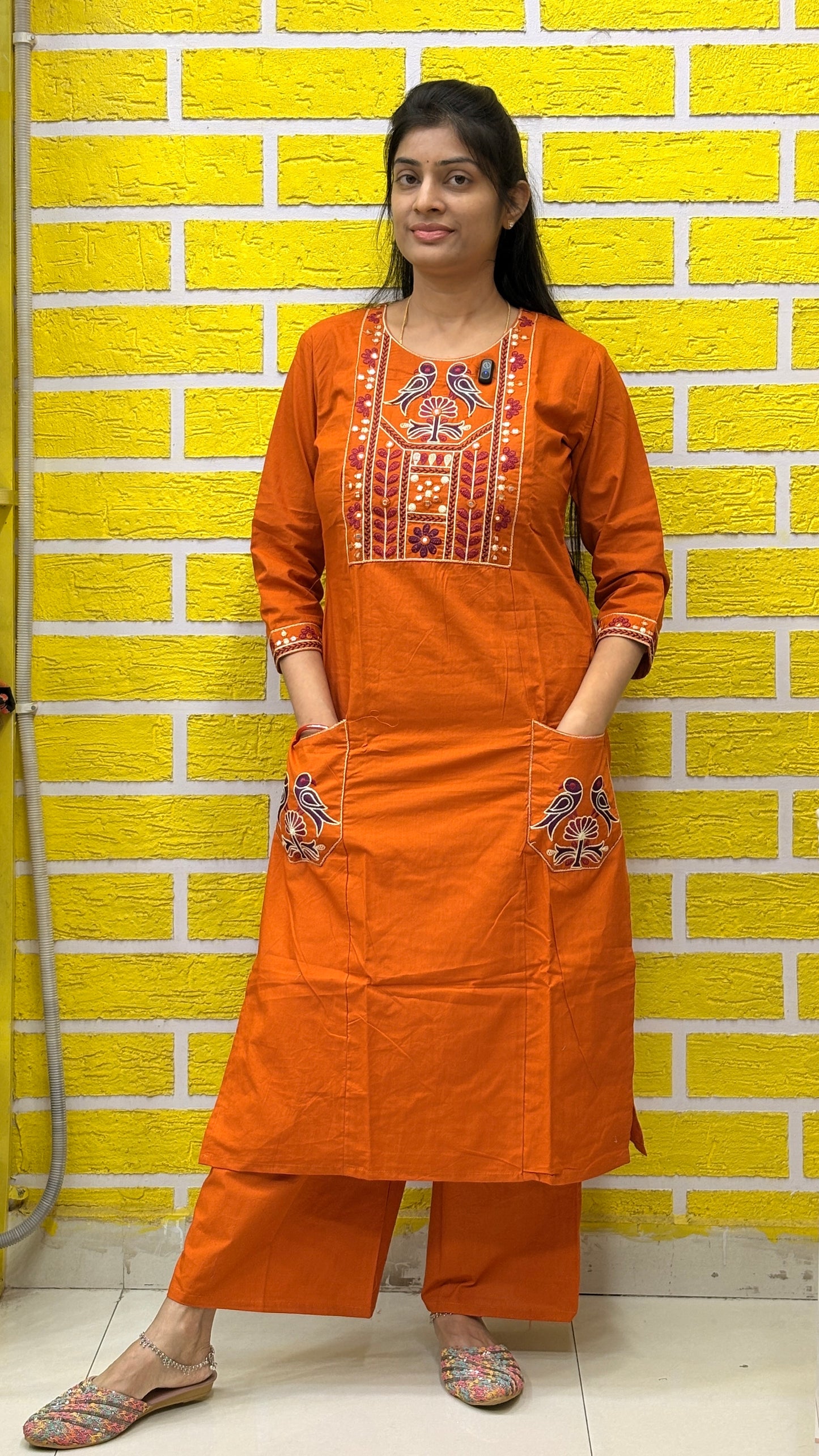 Rust Orange Folk Embroidered Cotton Coord Set