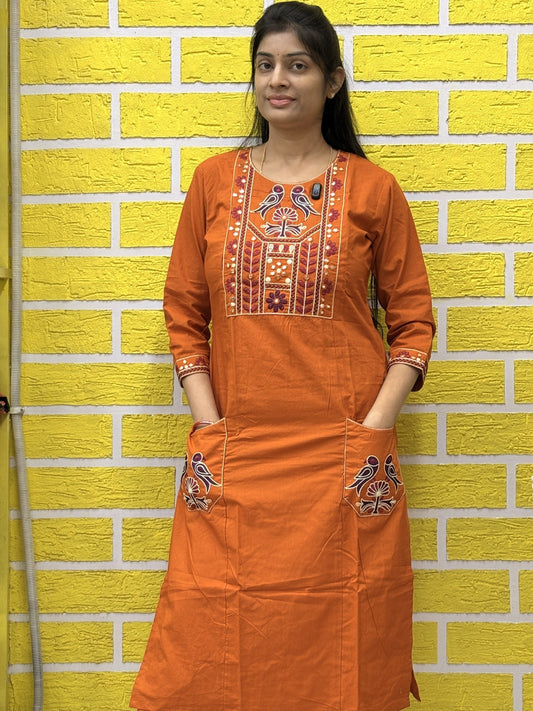 Rust Orange Folk Embroidered Cotton Coord Set