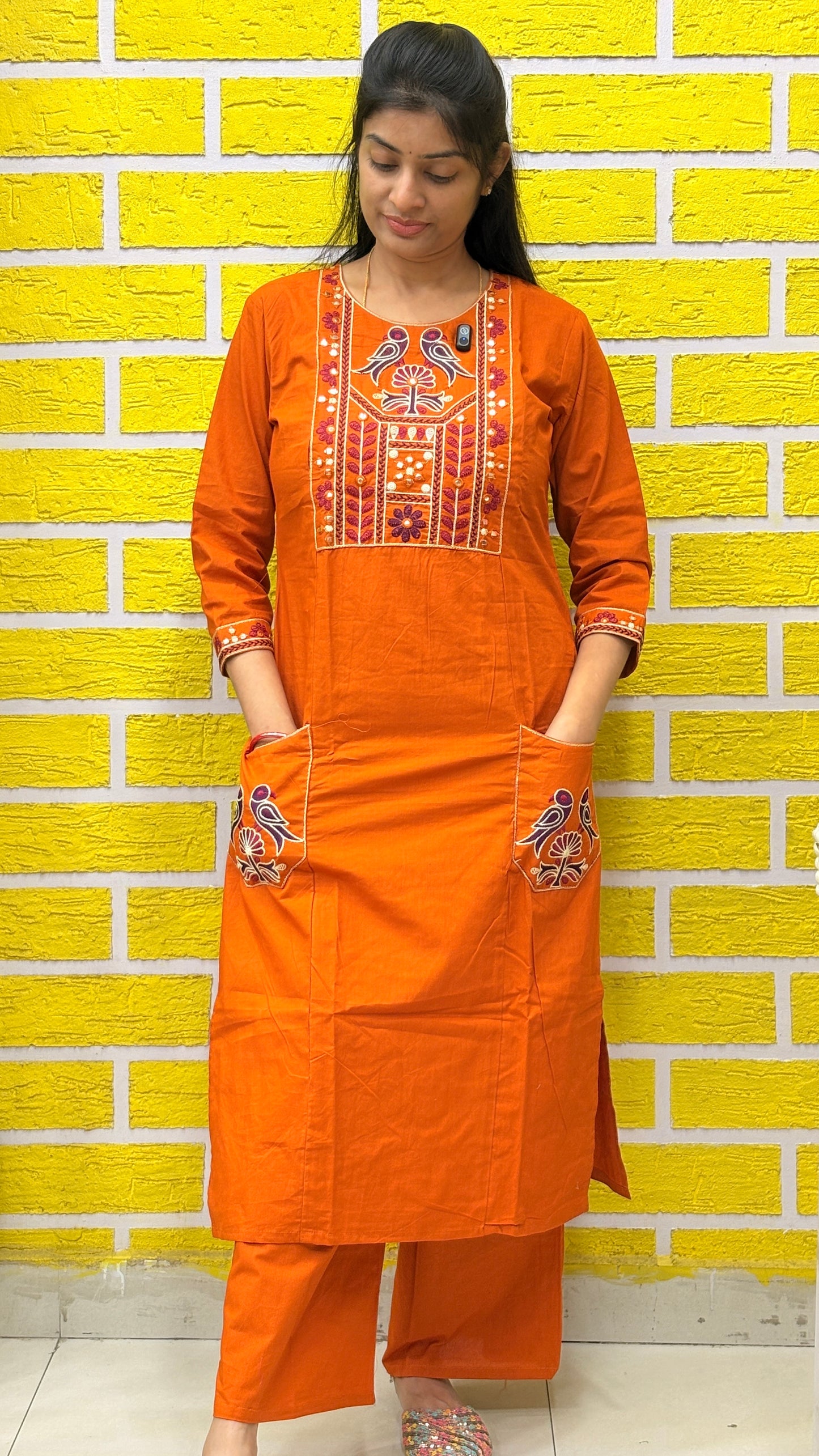 Rust Orange Folk Embroidered Cotton Coord Set