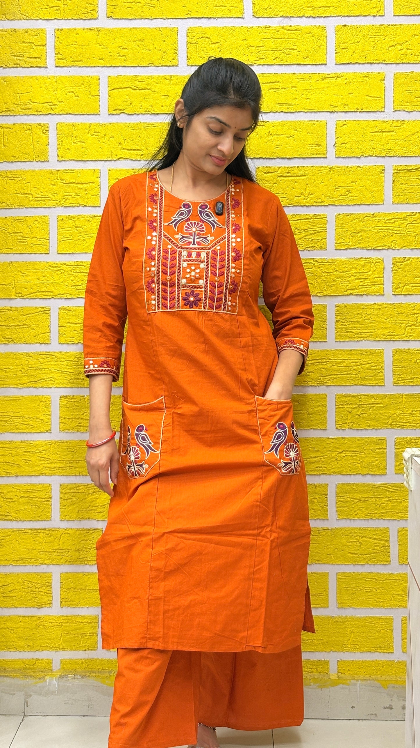 Rust Orange Folk Embroidered Cotton Coord Set