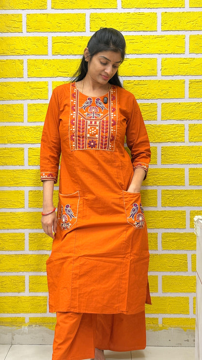 Rust Orange Folk Embroidered Cotton Coord Set