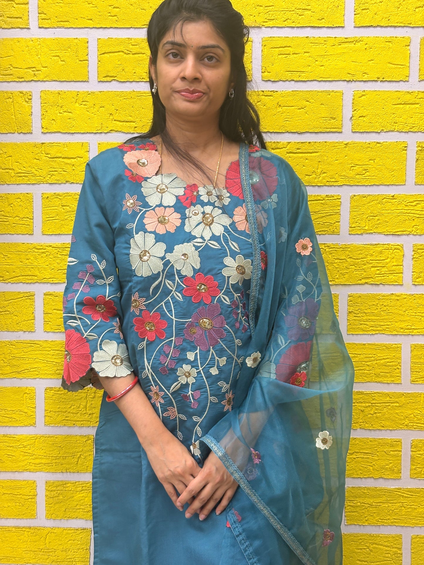 Deep Red Floral Embroidered Kurti Set with Sheer Dupatta Kurti Set AAKS0UN16